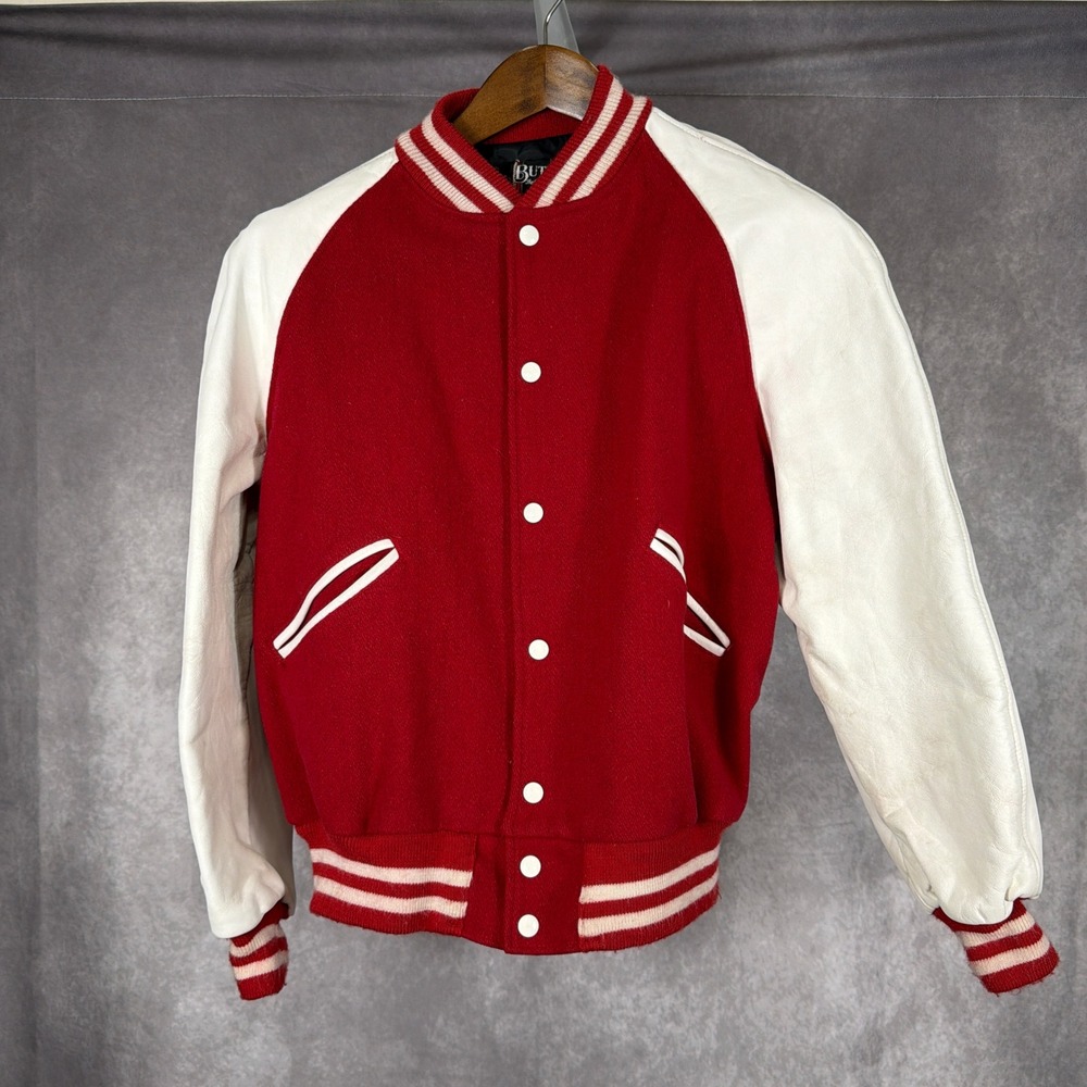 Butwin Varsity Jacket Wool Leather Sleeves Vintage 80s 90s Size 44 Red White‎